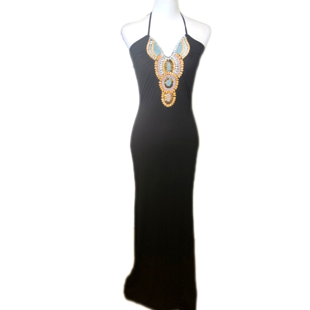 VENUS Black Maxi Dress with Gold and Turquoise Embellishment